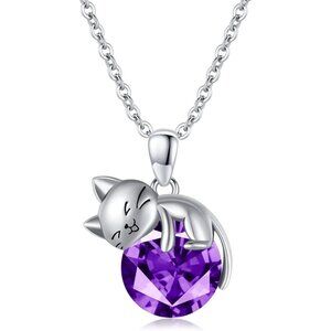 Women's Purple Silver Birthstone Beautiful Chain High Pendant Cat Necklace